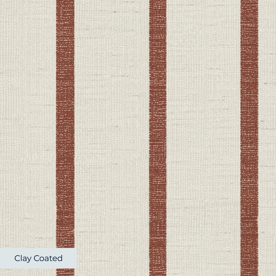 Brown woven-texture pencil stripe on a beige ground: clay-coated wallpaper closeup, smooth matte finish