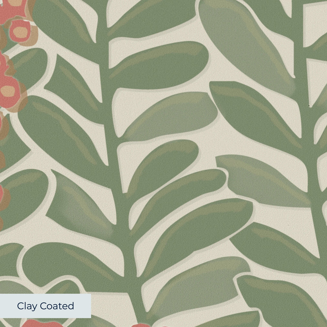 Muted green 1918 leaf sprays with red berries on a beige ground: clay-coated wallpaper closeup, smooth matte finish
