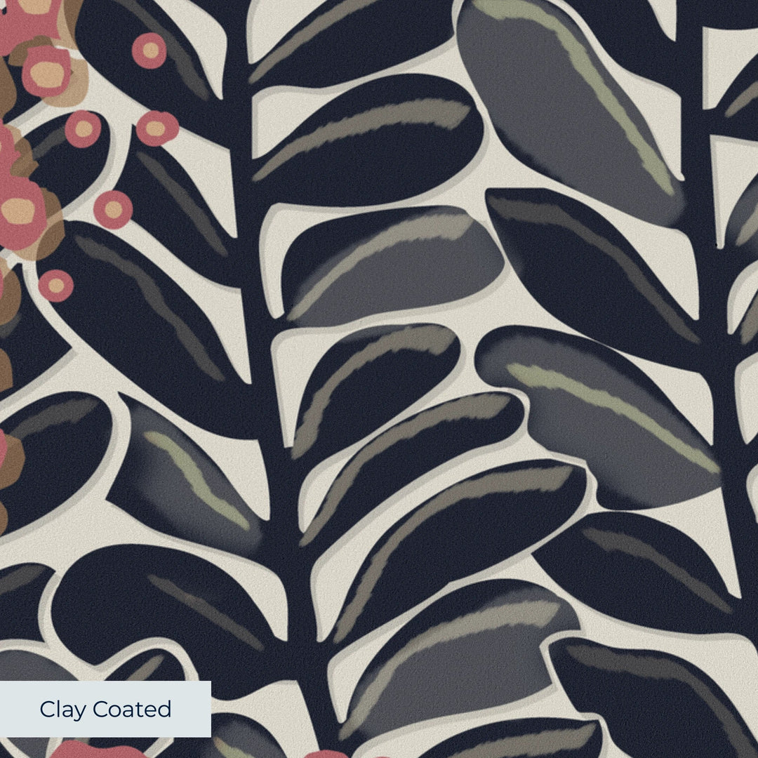 Navy 1918 leaf sprays with red berries on a beige ground: clay-coated wallpaper closeup, smooth matte finish