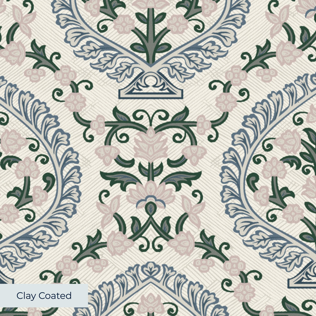 Varanasi Medallion in Ivory and Linen — slate-blue pointed medallions enclosing flowering plants on a near-white ground clay-coated wallpaper closeup, smooth matte finish