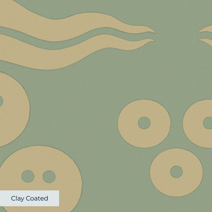 Gold 15th century Ottoman discs and waves on a light green ground: clay-coated wallpaper closeup, smooth matte finish