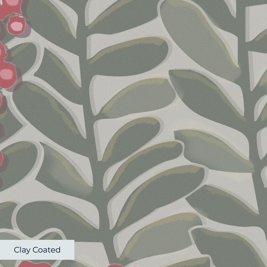 Grey-green 1918 leaf sprays with red berries on a grey ground: clay-coated wallpaper closeup, smooth matte finish