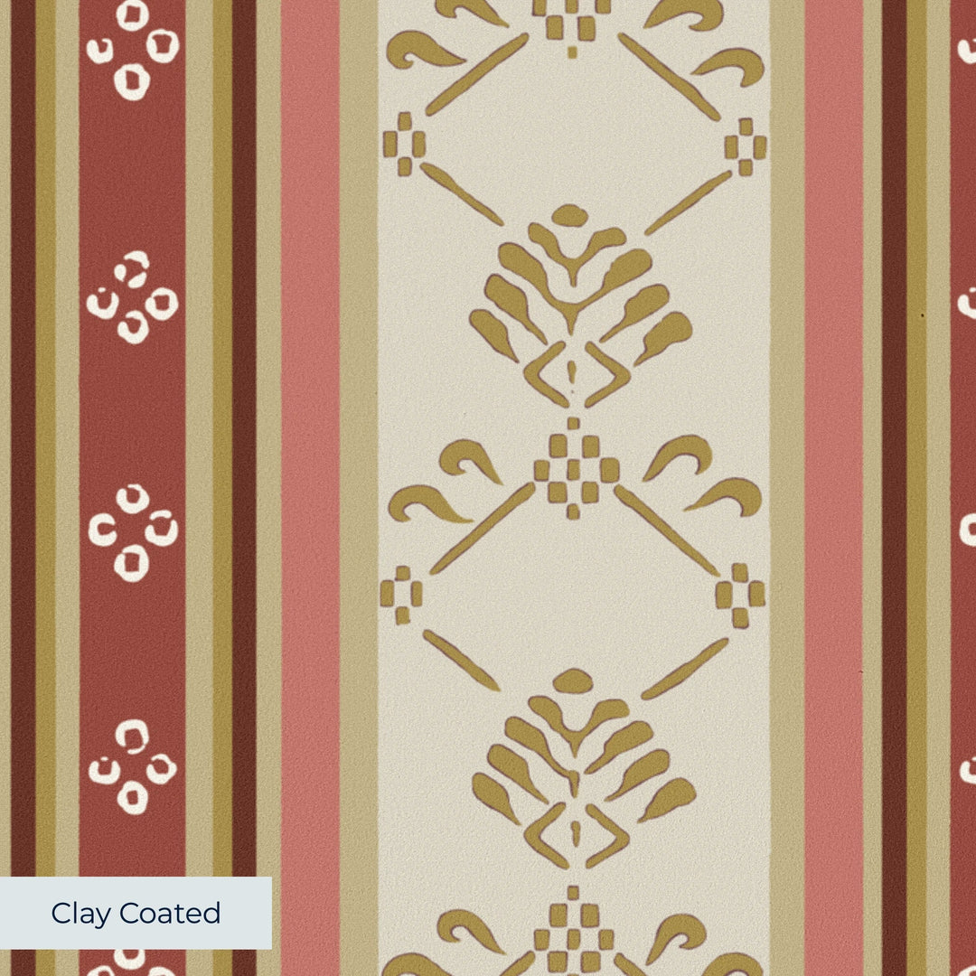 Beige and red 18th century floral and lattice stripe: clay-coated wallpaper closeup, smooth matte finish