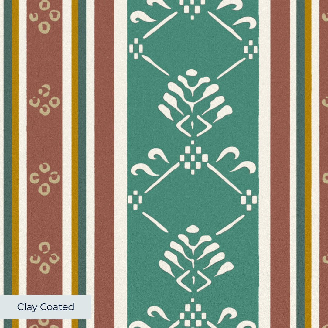 Medium green and brown 18th century floral and lattice stripe: clay-coated wallpaper closeup, smooth matte finish