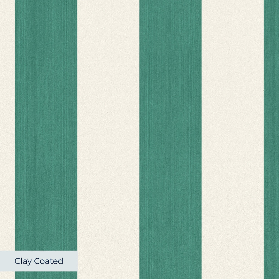 Blue-green and ivory 19th century equal-width stripe, green striated: clay-coated wallpaper closeup, smooth matte finish