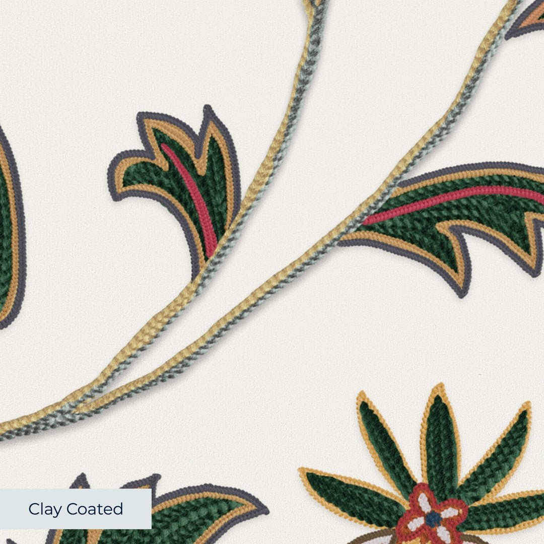 Orange and green floral vines on a white ground clay-coated wallpaper closeup, smooth matte finish