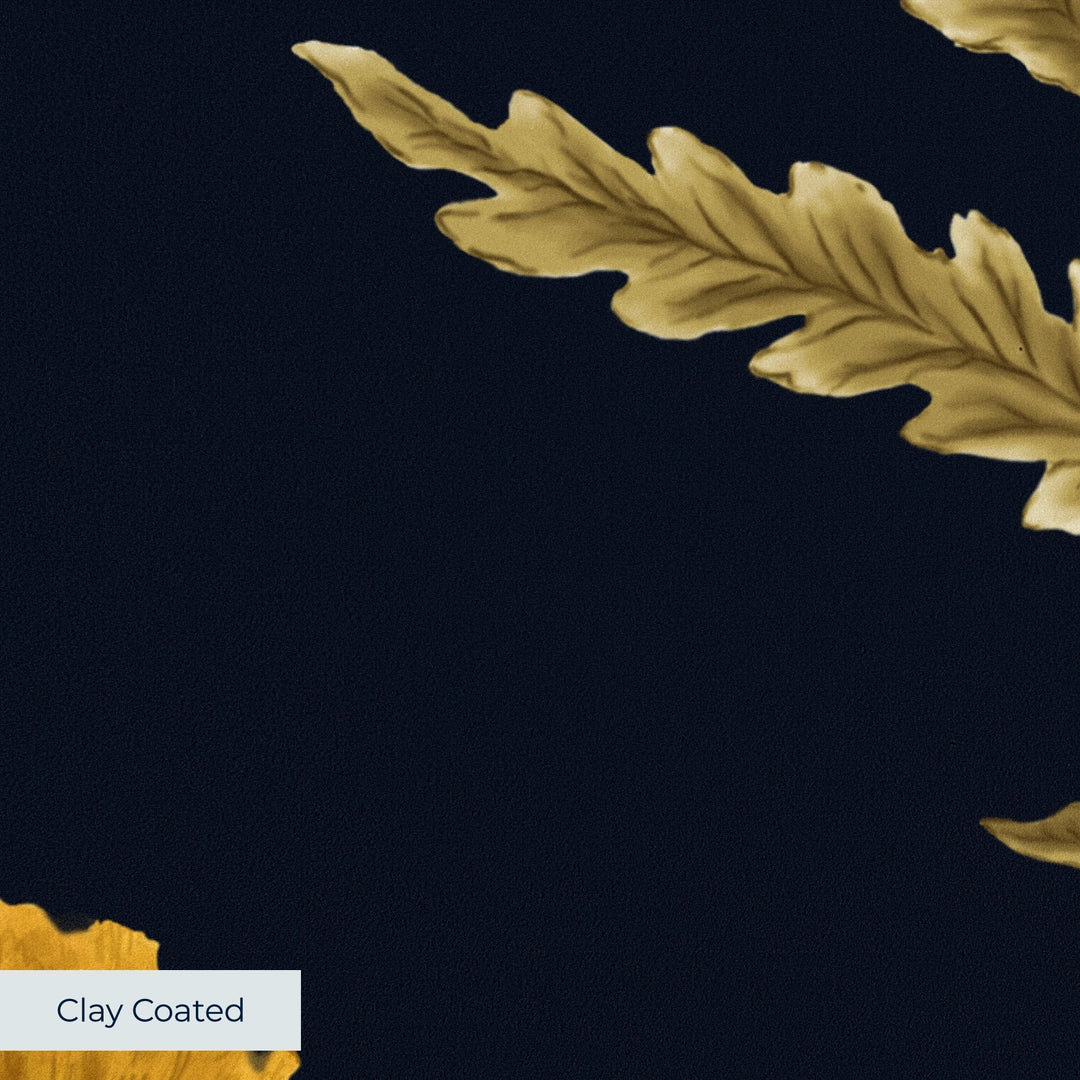 Yellow 17th century Mughal poppy plants on a navy ground: clay-coated wallpaper closeup, smooth matte finish