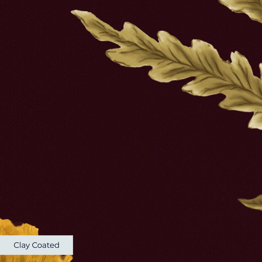 Yellow 17th century Mughal poppy plants on a dark purple ground: clay-coated wallpaper closeup, smooth matte finish