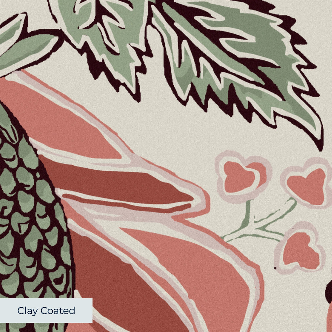 Flowering Pomegranate in linen and terracotta: an ogee lattice of lace borders framing a blossom held between two swelling pomegranates, translated from an 18th-century French block-printed quilt. clay-coated wallpaper closeup, smooth matte finish