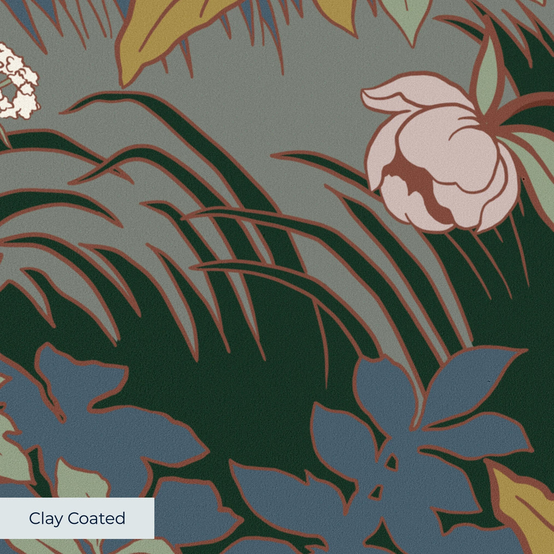 White 1890s Art Nouveau blooms and grasses on a blue-grey ground: clay-coated wallpaper closeup, smooth matte finish