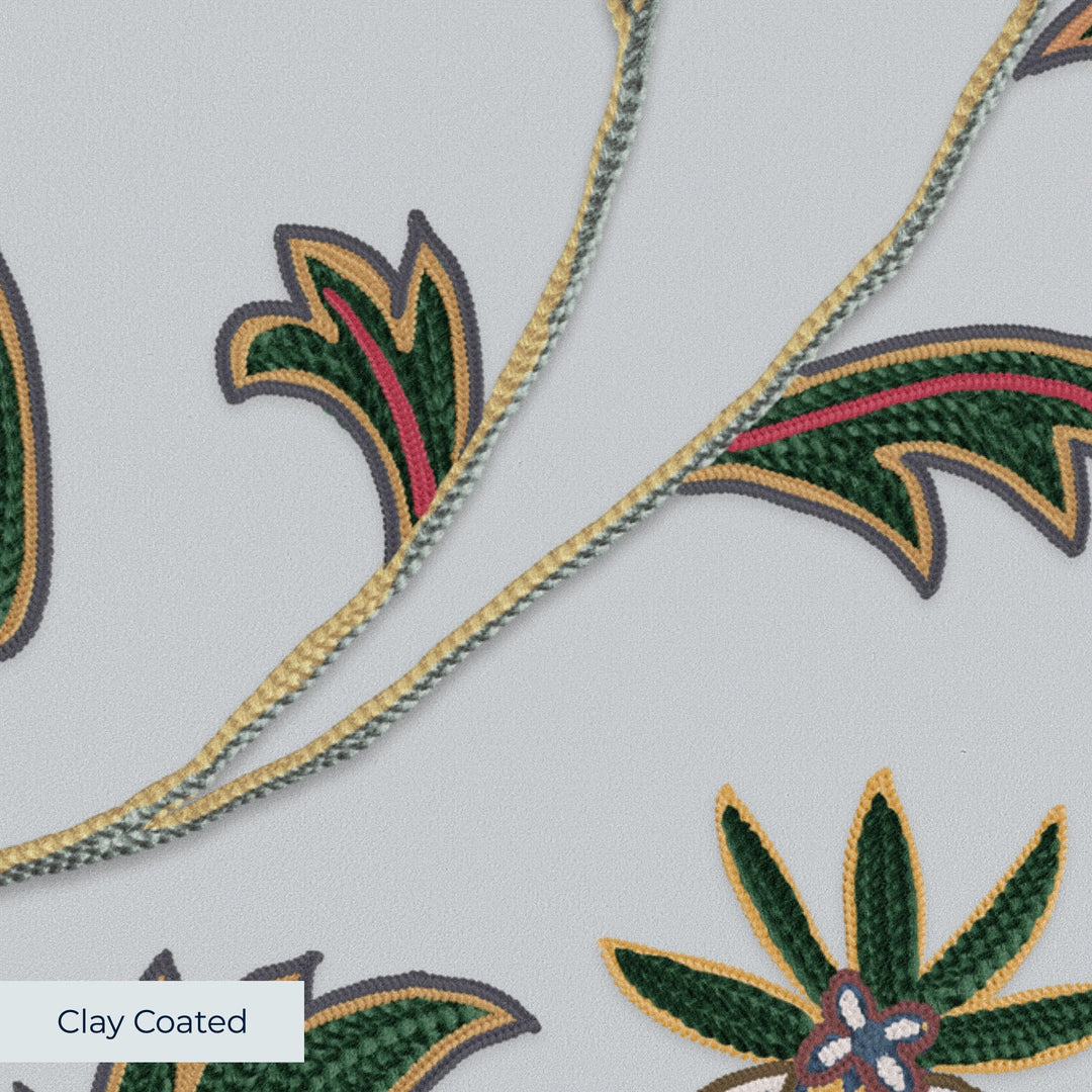 Navy floral vines on a grey ground clay-coated wallpaper closeup, smooth matte finish