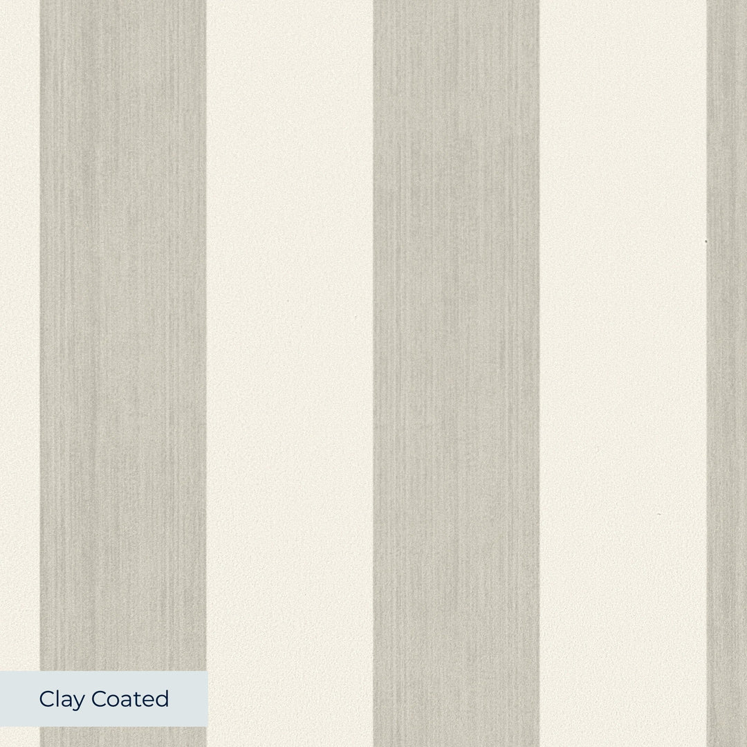 Cream and greige 19th century equal-width stripe, greige striated: clay-coated wallpaper closeup, smooth matte finish