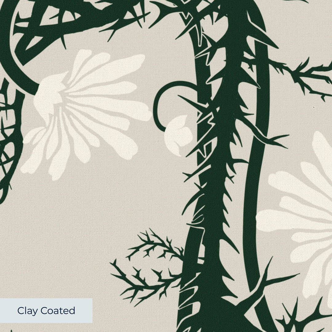 Marguerite in linen and forest floor: spined, entwined stems forming vertical channels around massed daisy heads, translated from a c. 1904 Dutch linen damask finger towel by Cornelis van der Sluys. clay-coated wallpaper closeup, smooth matte finish
