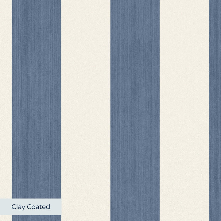 Greyed blue and ivory 19th century equal-width stripe, blue striated: clay-coated wallpaper closeup, smooth matte finish