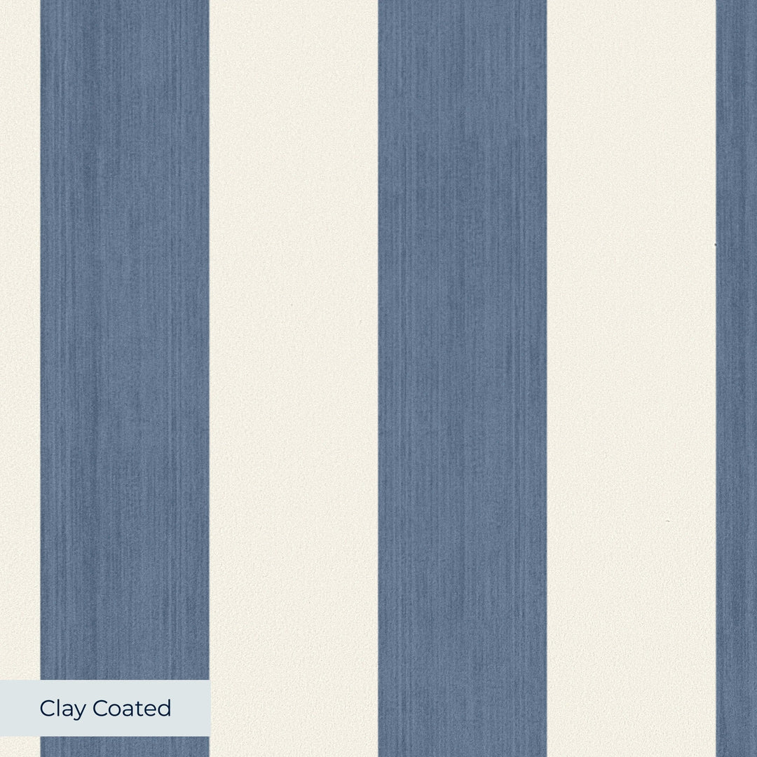 Greyed blue and ivory 19th century equal-width stripe, blue striated: clay-coated wallpaper closeup, smooth matte finish