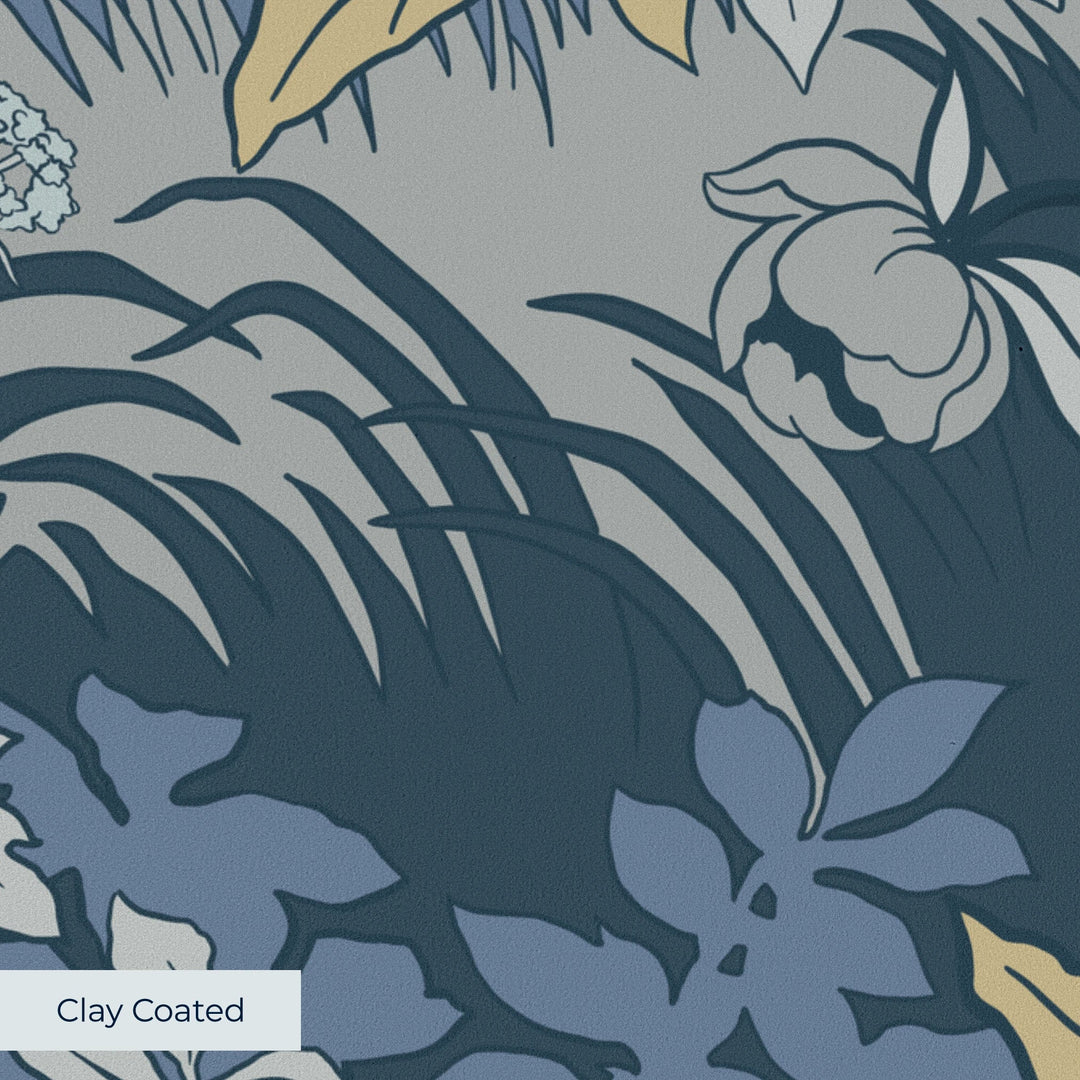 Pale grey 1890s Art Nouveau blooms and grasses on a blue-grey ground: clay-coated wallpaper closeup, smooth matte finish