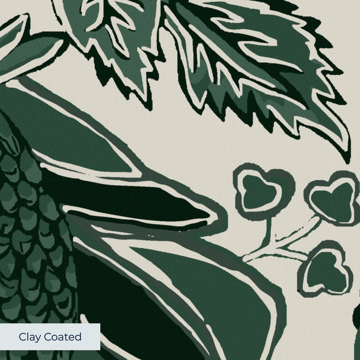 Dark green 18th century French pomegranate ogee on a beige ground: clay-coated wallpaper closeup, smooth matte finish
