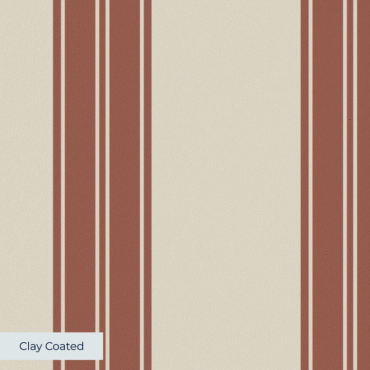 Brown 19th century double-band stripe on a beige ground: clay-coated wallpaper closeup, smooth matte finish