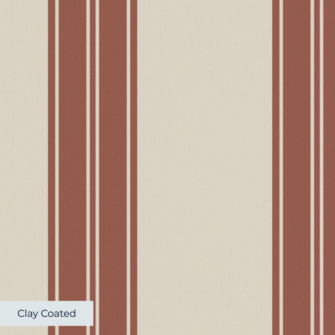 Brown 19th century double-band stripe on a beige ground: clay-coated wallpaper closeup, smooth matte finish