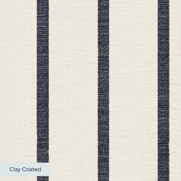 Navy woven-texture pencil stripe on a white ground: clay-coated wallpaper closeup, smooth matte finish