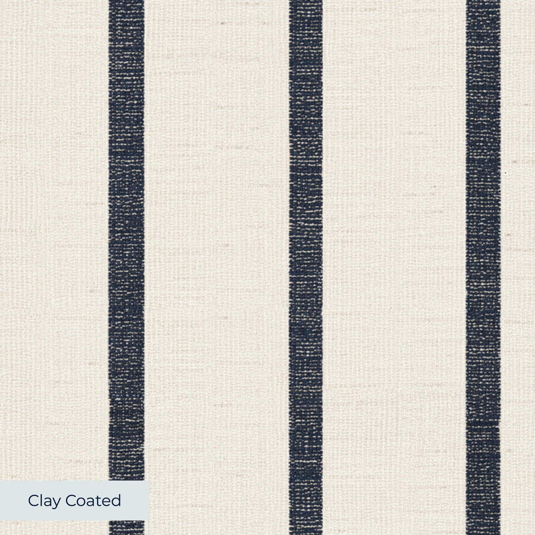 Navy woven-texture pencil stripe on a white ground: clay-coated wallpaper closeup, smooth matte finish