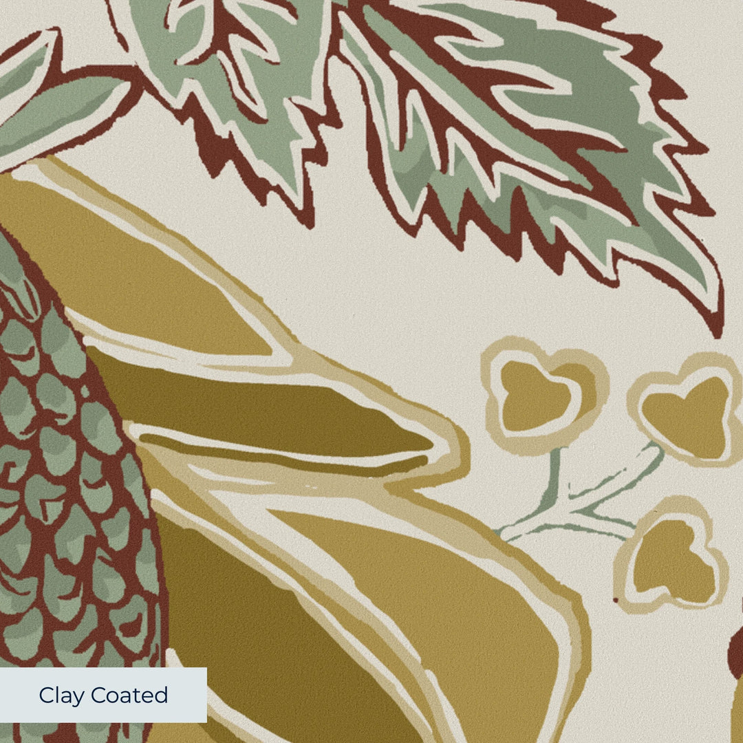 Flowering Pomegranate in linen and honey: an ogee lattice of lace borders framing a blossom held between two swelling pomegranates, translated from an 18th-century French block-printed quilt. clay-coated wallpaper closeup, smooth matte finish