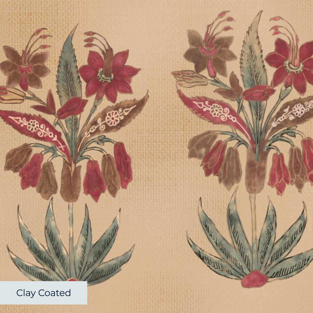 17th century Indian chintz flowering sprigs in rows, museum colours: clay-coated wallpaper closeup, smooth matte finish