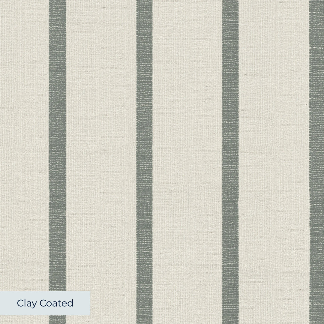 Grey-green woven-texture pencil stripe on a beige ground: clay-coated wallpaper closeup, smooth matte finish