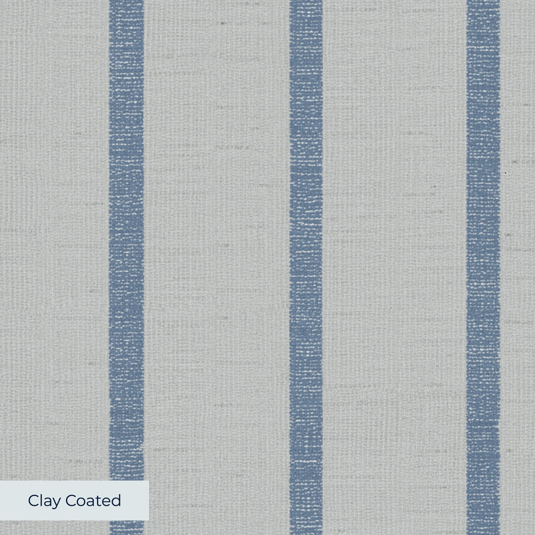 Muted blue woven-texture pencil stripe on a grey ground: clay-coated wallpaper closeup, smooth matte finish