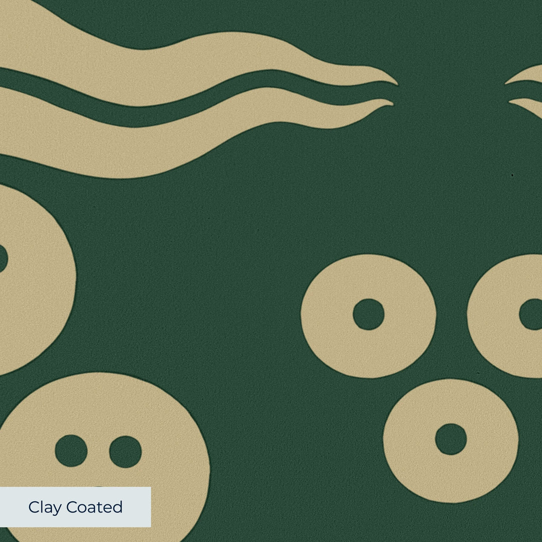 Gold 15th century Ottoman discs and waves on a dark green ground: clay-coated wallpaper closeup, smooth matte finish