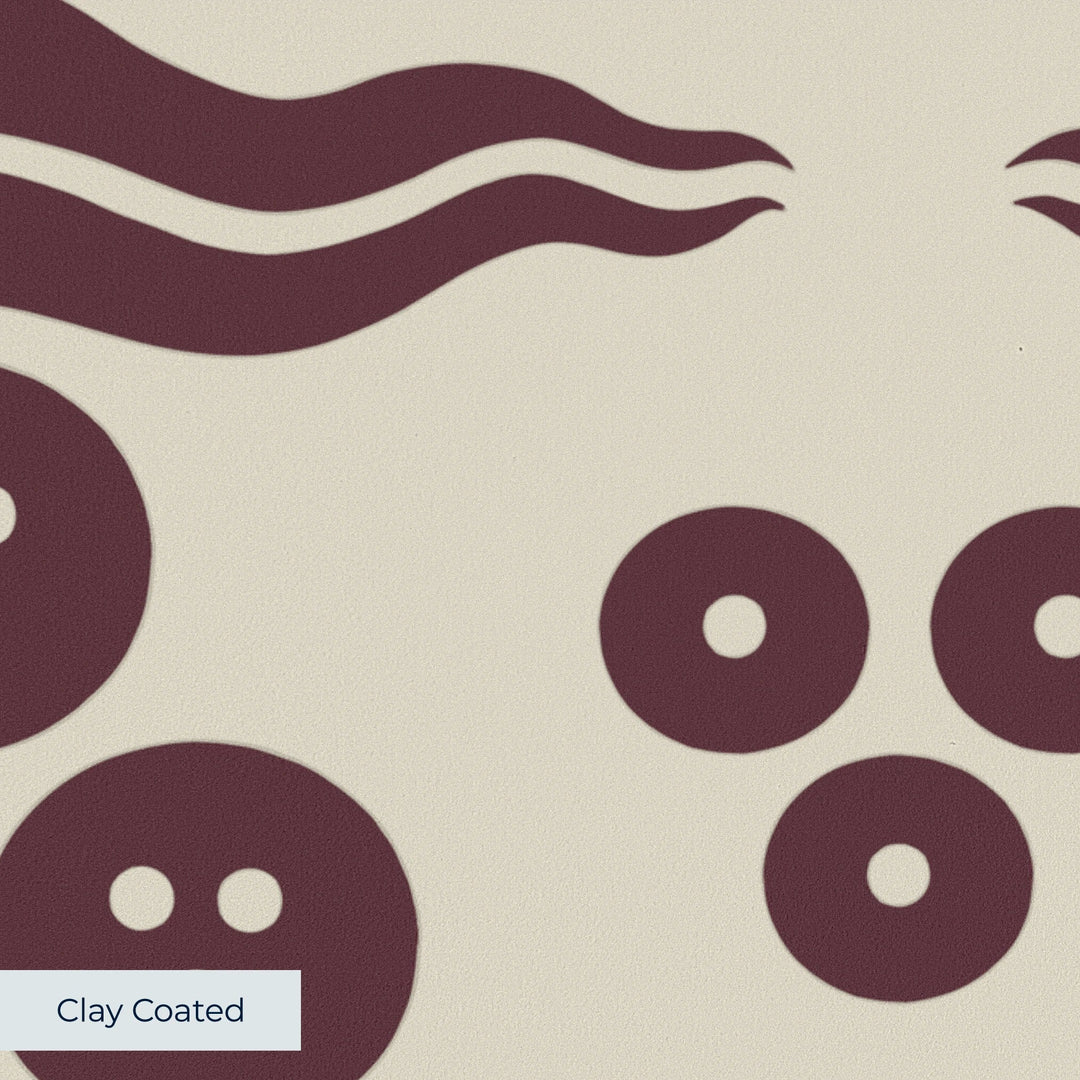 Dark purple 15th century Ottoman discs and waves on a beige ground: clay-coated wallpaper closeup, smooth matte finish