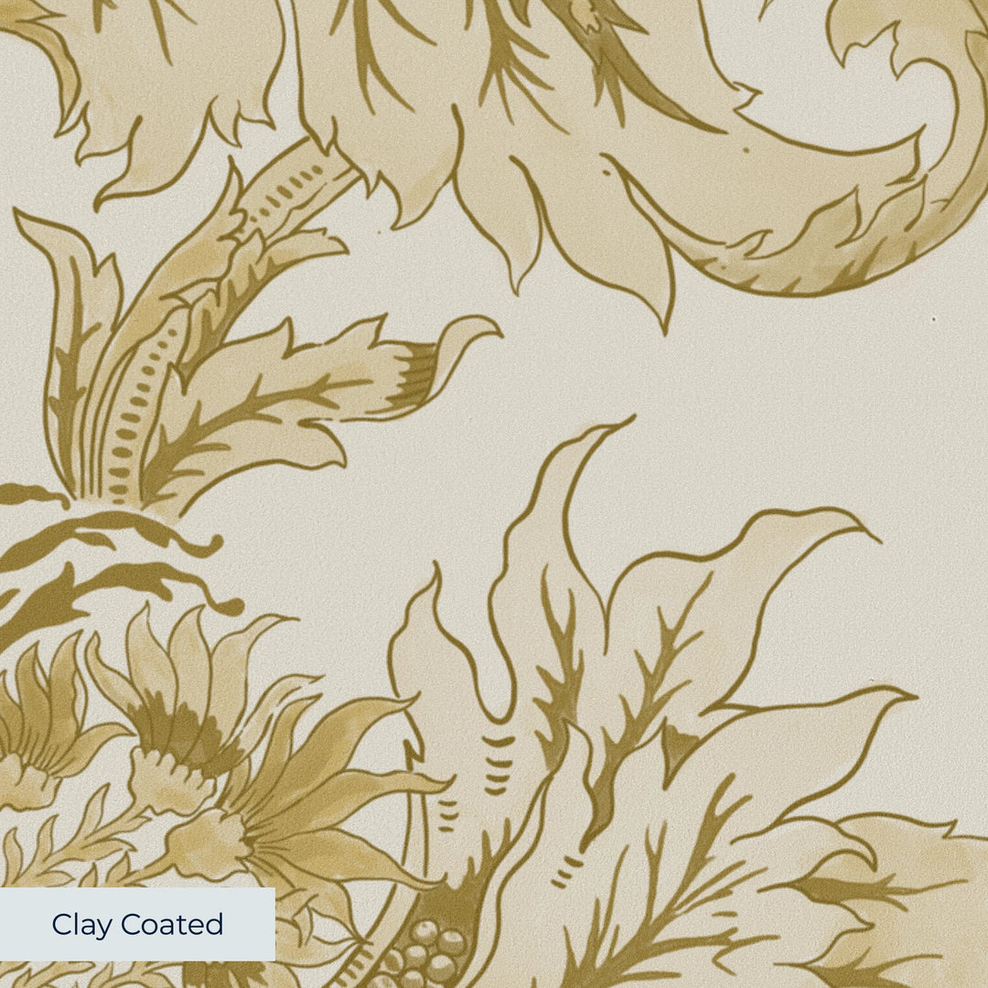 Ragged Poppy in Linen and Honey — deep gold poppy on a near-white linen ground, large-scale block-printed floral repeat clay-coated wallpaper closeup, smooth matte finish