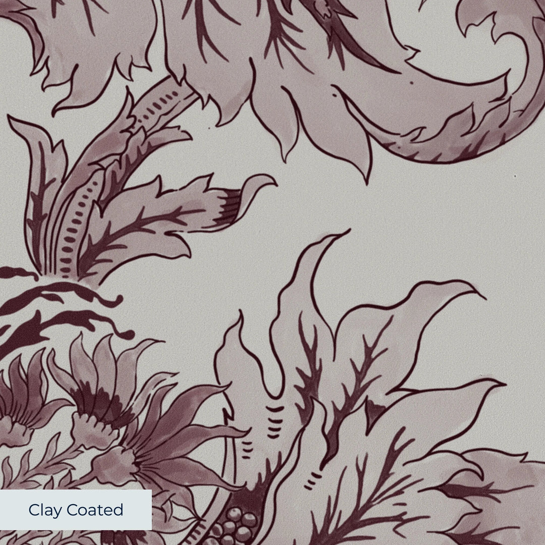 Ragged Poppy in Travertine and Blackcurrant — dark plum poppy on a pale grey travertine ground, high-contrast block-printed floral repeat clay-coated wallpaper closeup, smooth matte finish