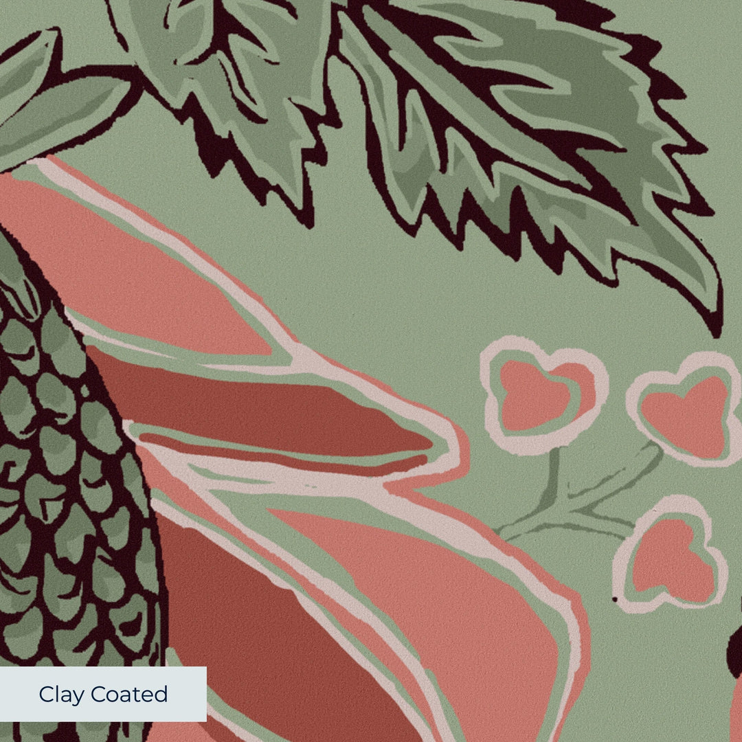 Flowering Pomegranate in eucalyptus and terracotta: an ogee lattice of lace borders framing a blossom held between two swelling pomegranates, translated from an 18th-century French block-printed quilt. clay-coated wallpaper closeup, smooth matte finish