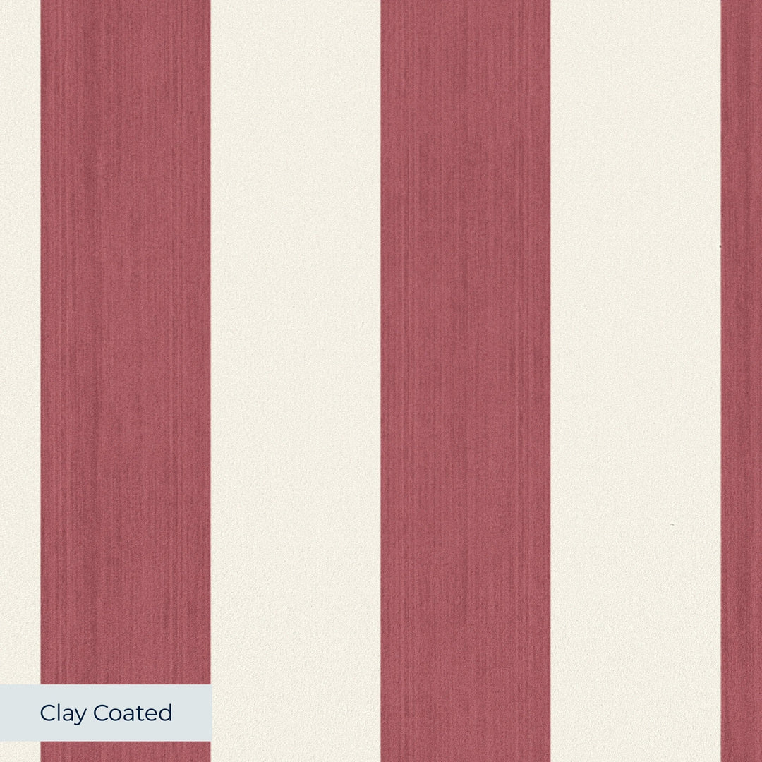 Dusty red and ivory 19th century equal-width stripe, red striated: clay-coated wallpaper closeup, smooth matte finish