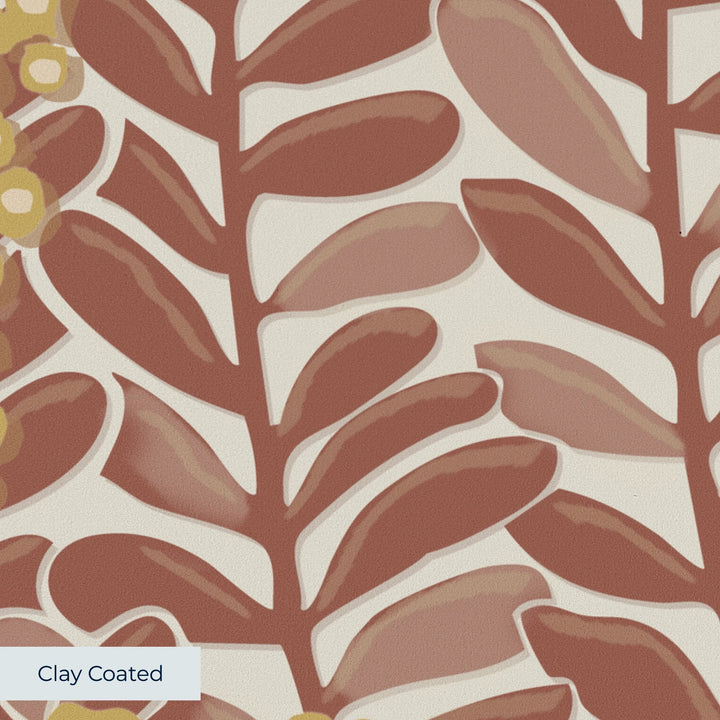 Brown 1918 leaf sprays with gold berries on a beige ground: clay-coated wallpaper closeup, smooth matte finish