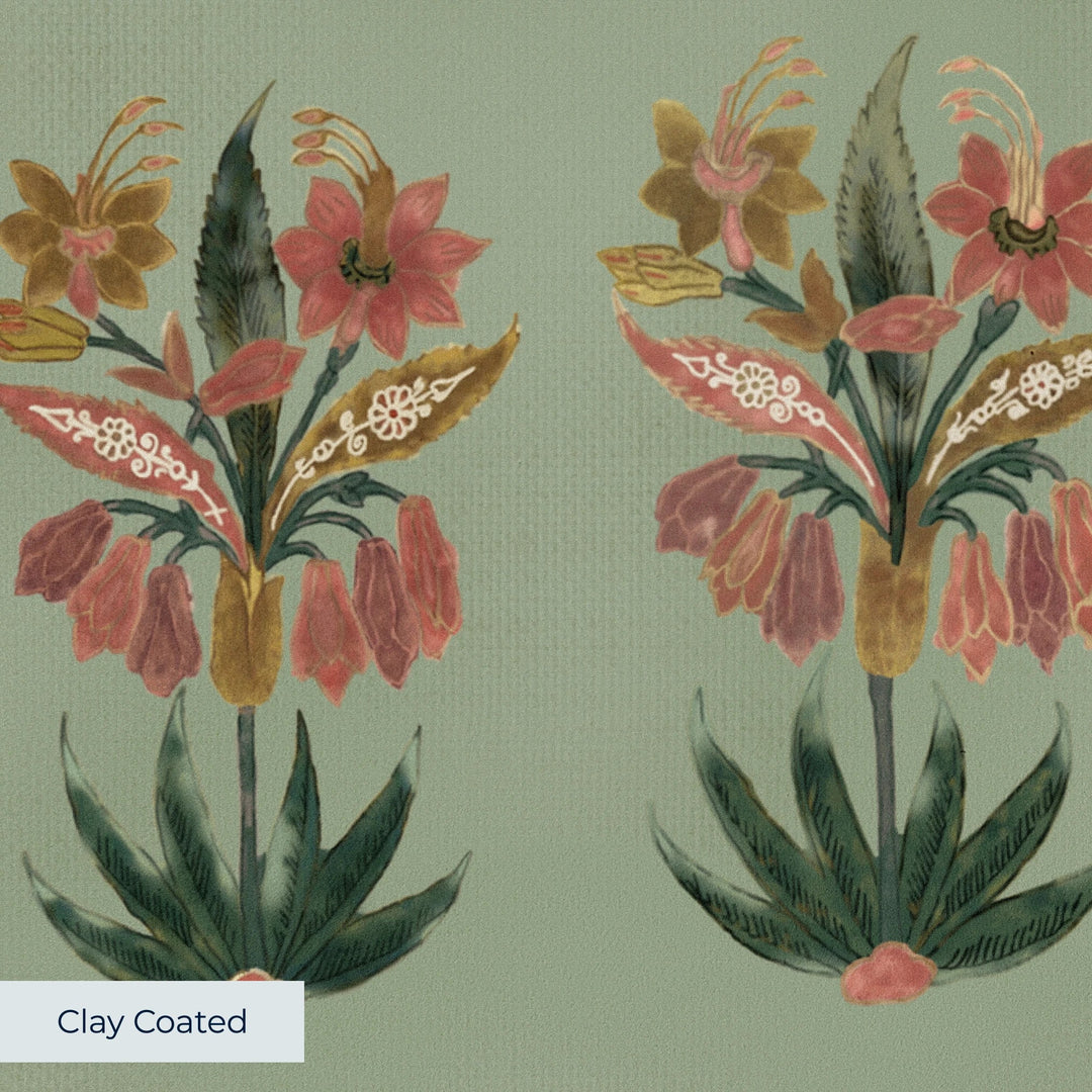 Red 17th century Indian chintz sprigs on a light green ground: clay-coated wallpaper closeup, smooth matte finish