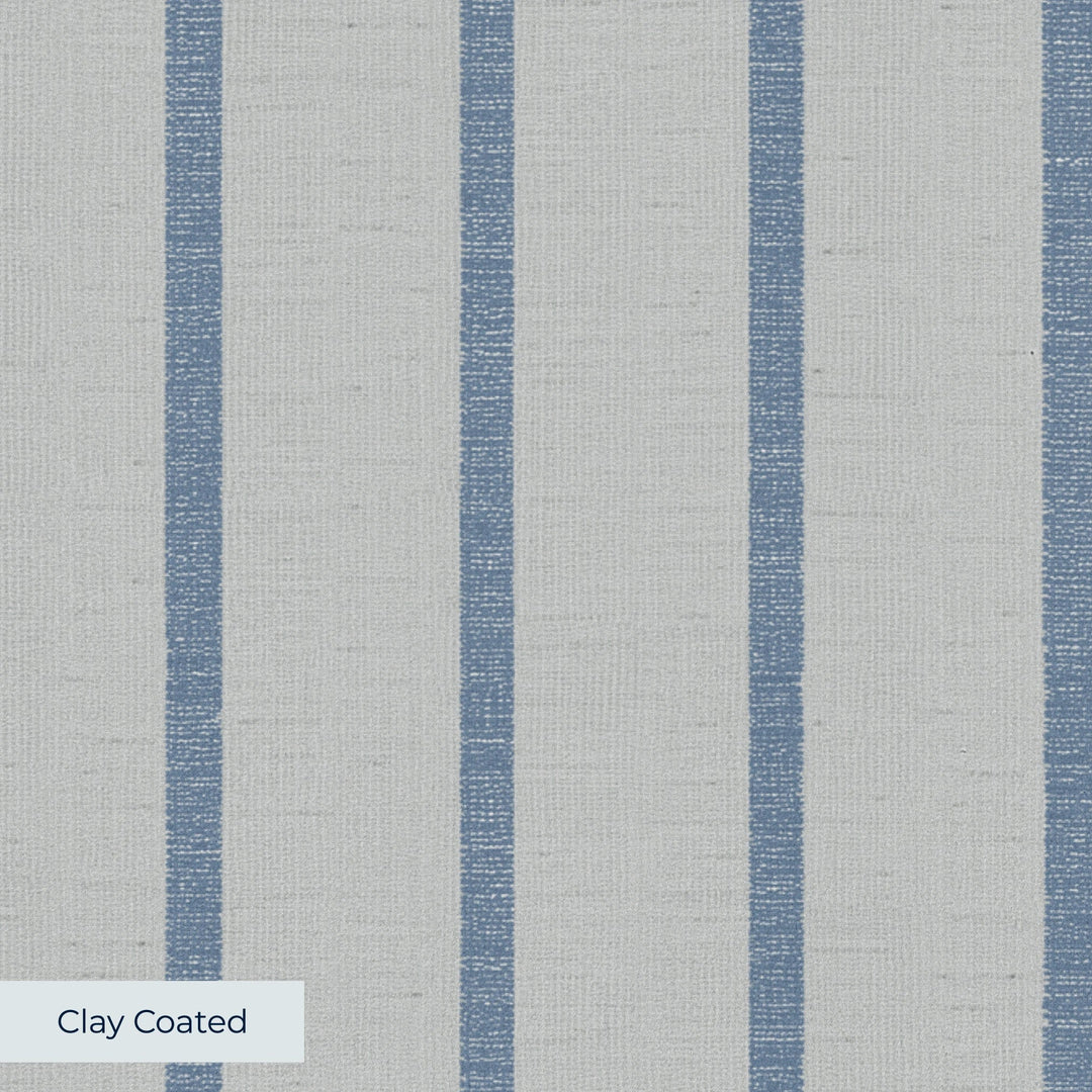 Muted blue woven-texture pencil stripe on a grey ground: clay-coated wallpaper closeup, smooth matte finish