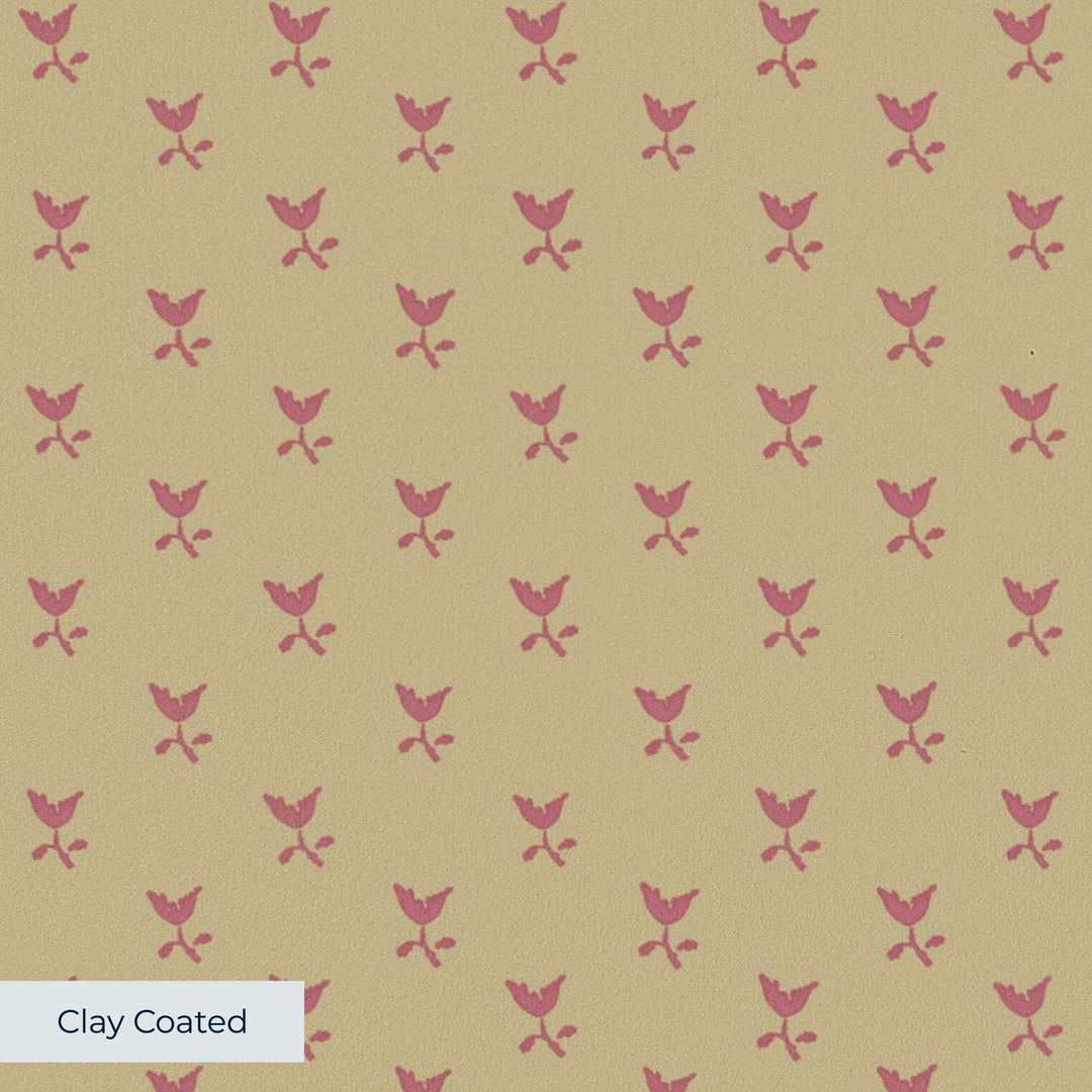 Dusty red Second Empire tulip silhouette on a warm tan ground: clay-coated wallpaper closeup, smooth matte finish
