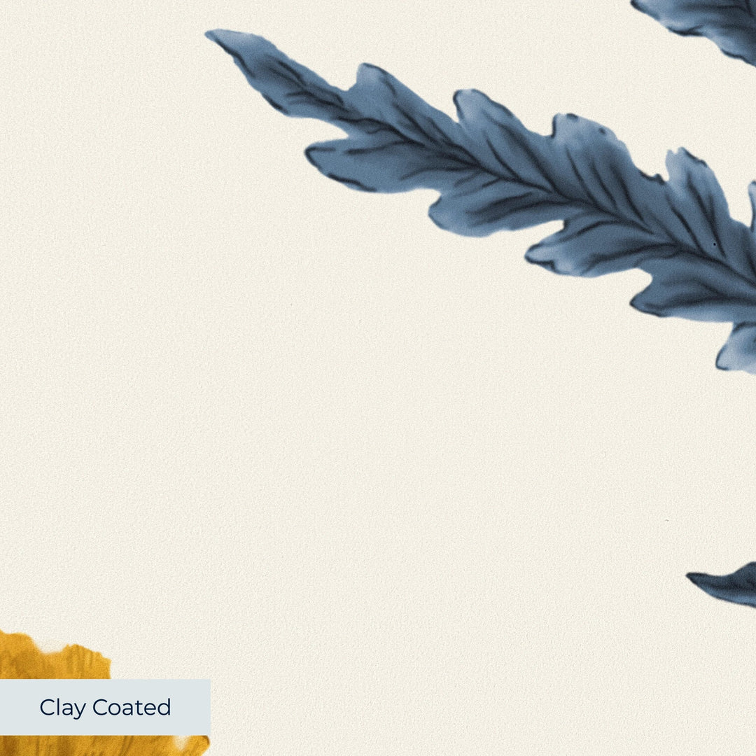 Yellow 17th century Mughal poppy plants on a white ground: clay-coated wallpaper closeup, smooth matte finish