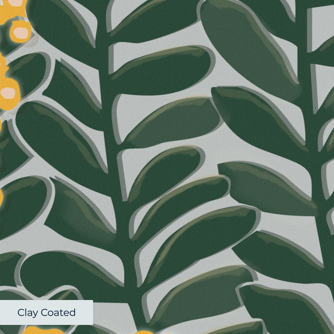 Dark green 1918 leaf sprays with yellow berries on a grey ground: clay-coated wallpaper closeup, smooth matte finish