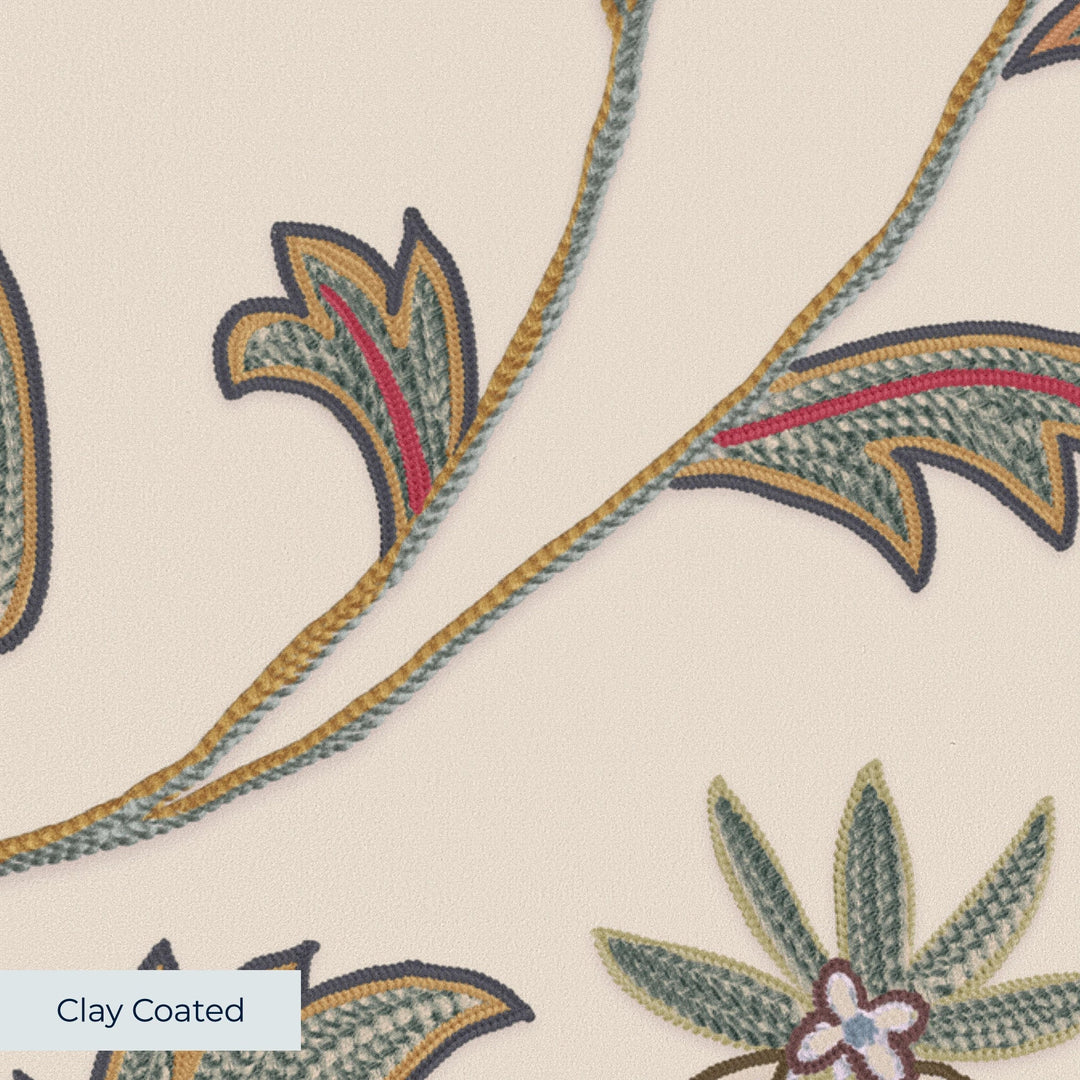 Pale pink floral vines on a grey ground clay-coated wallpaper closeup, smooth matte finish