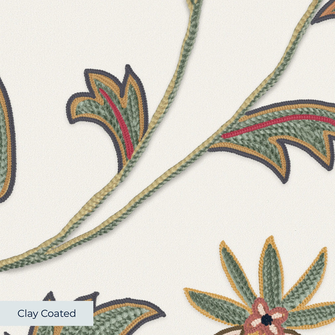 Red and navy floral vines on a white ground clay-coated wallpaper closeup, smooth matte finish