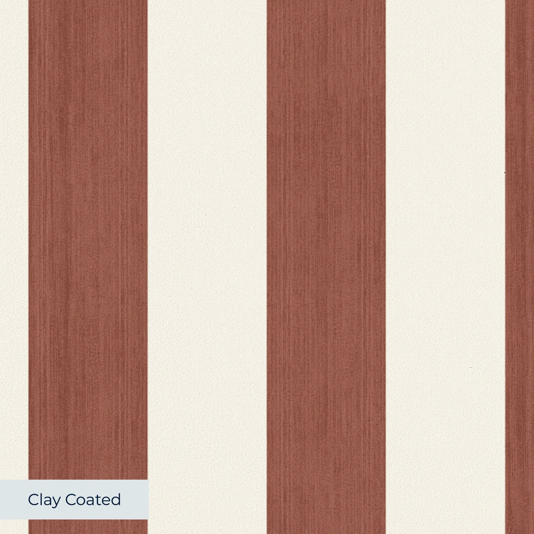 Warm brown and ivory 19th century equal-width stripe, brown striated: clay-coated wallpaper closeup, smooth matte finish