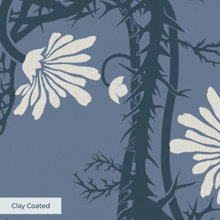 Marguerite in dusty blue and slate: spined, entwined stems forming vertical channels around massed daisy heads, translated from a c. 1904 Dutch linen damask finger towel by Cornelis van der Sluys. clay-coated wallpaper closeup, smooth matte finish