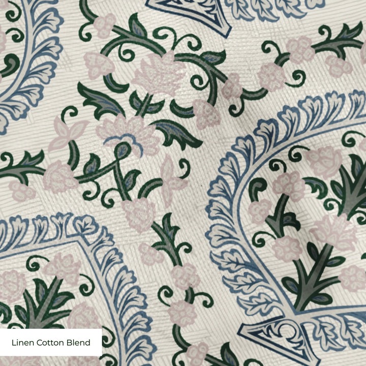 Varanasi Medallion in Ivory and Linen — slate-blue pointed medallions enclosing flowering plants on a near-white ground cohort1 linencottonblend texture