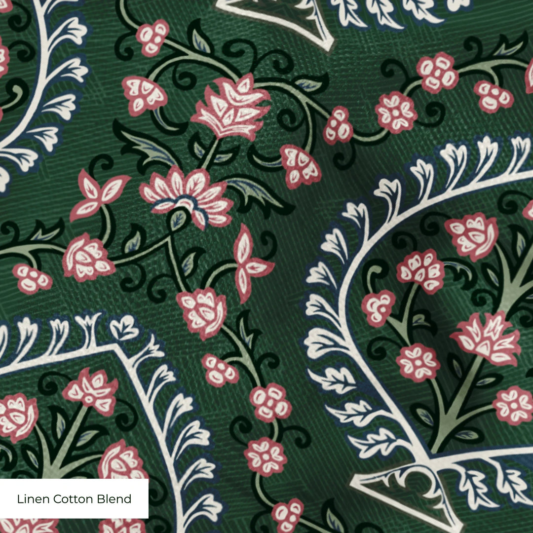 Varanasi Medallion in Forest Floor and Ivory — rose-pink flowers inside pale pointed medallions on a deep green ground cohort1 linencottonblend texture