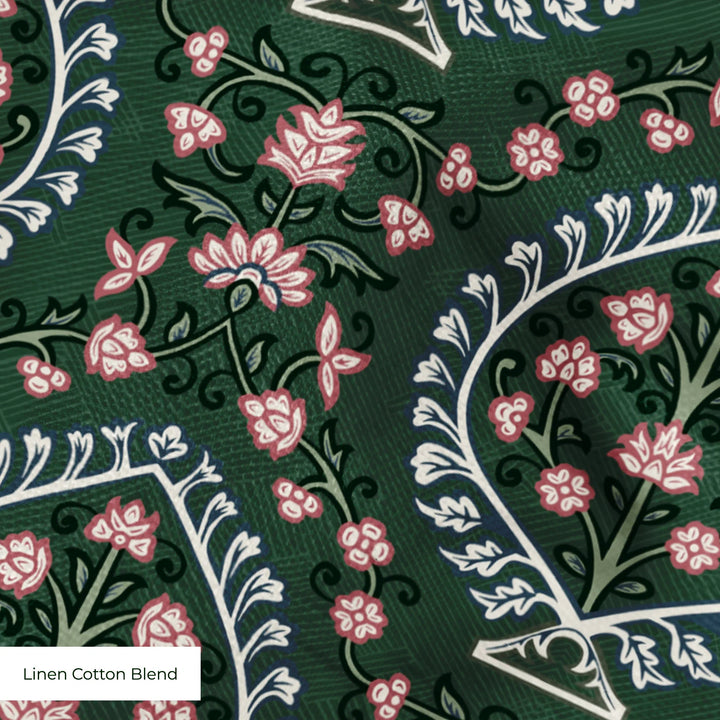 Varanasi Medallion in Forest Floor and Ivory — rose-pink flowers inside pale pointed medallions on a deep green ground cohort1 linencottonblend texture