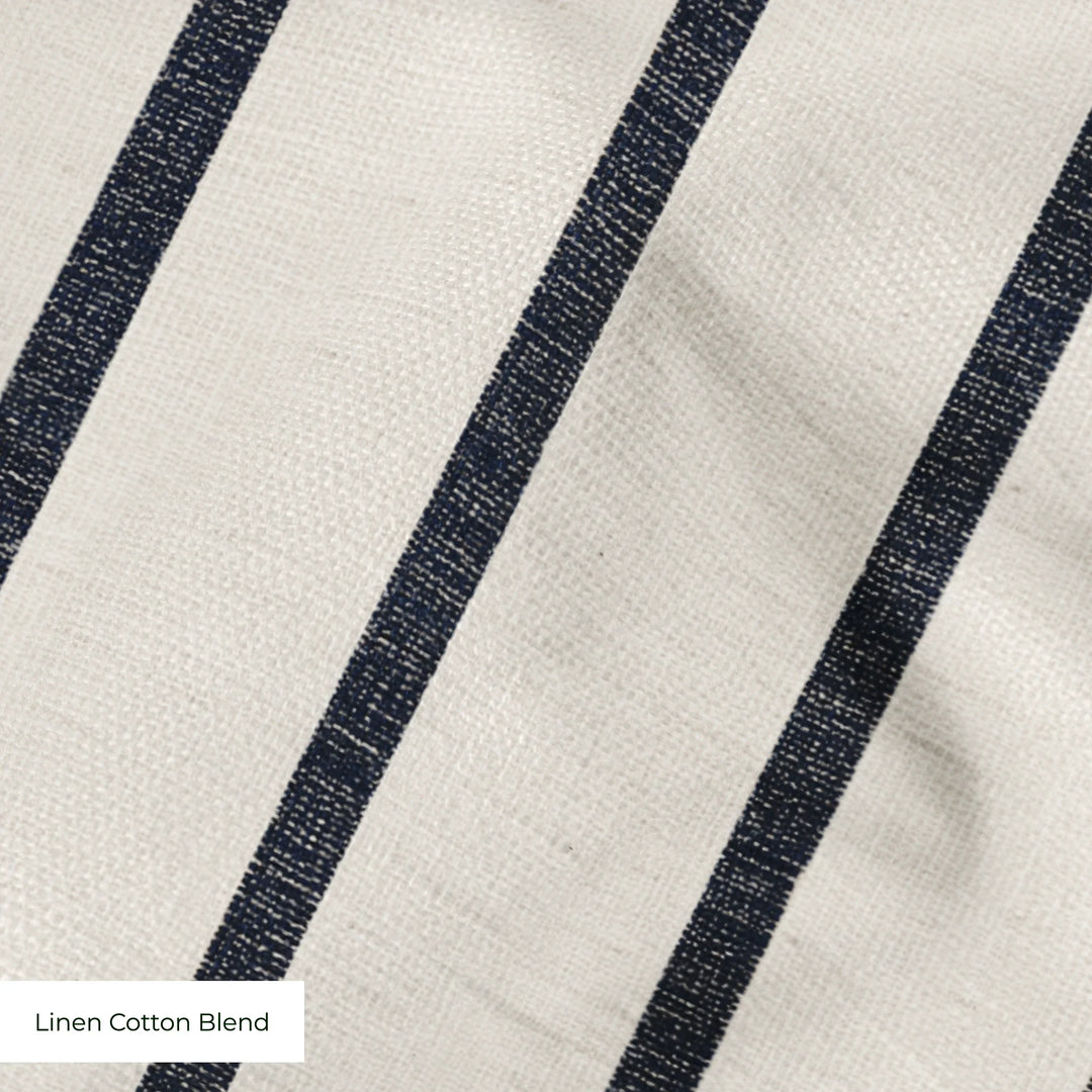 Navy woven-texture pencil stripe on a white ground: linen cotton blend swatch close-up.