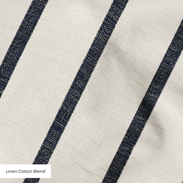 Navy woven-texture pencil stripe on a white ground: linen cotton blend swatch close-up.